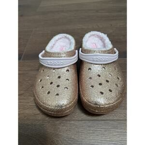 Crocs Classic Glitter Lined Clog Gold Faux Fur Unisex Slip On Shoe Size 5 Junior